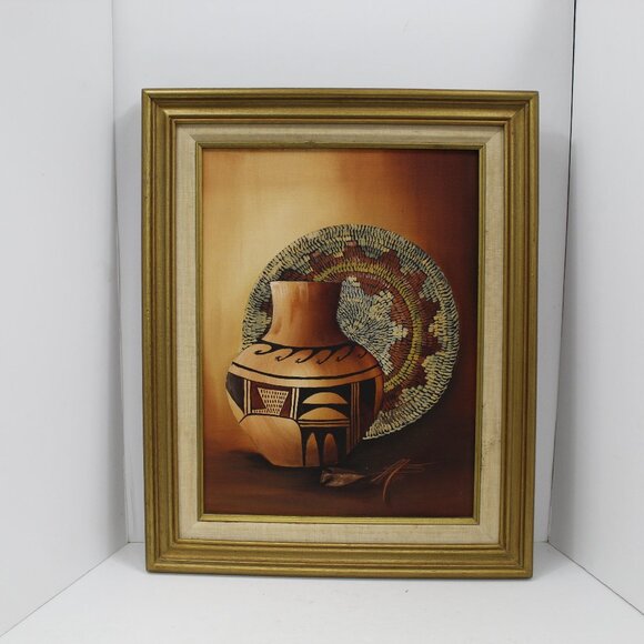 Mid-Century Native American Inspired Basket & Pottery Oil Painting Canvas Signed - Picture 1 of 8